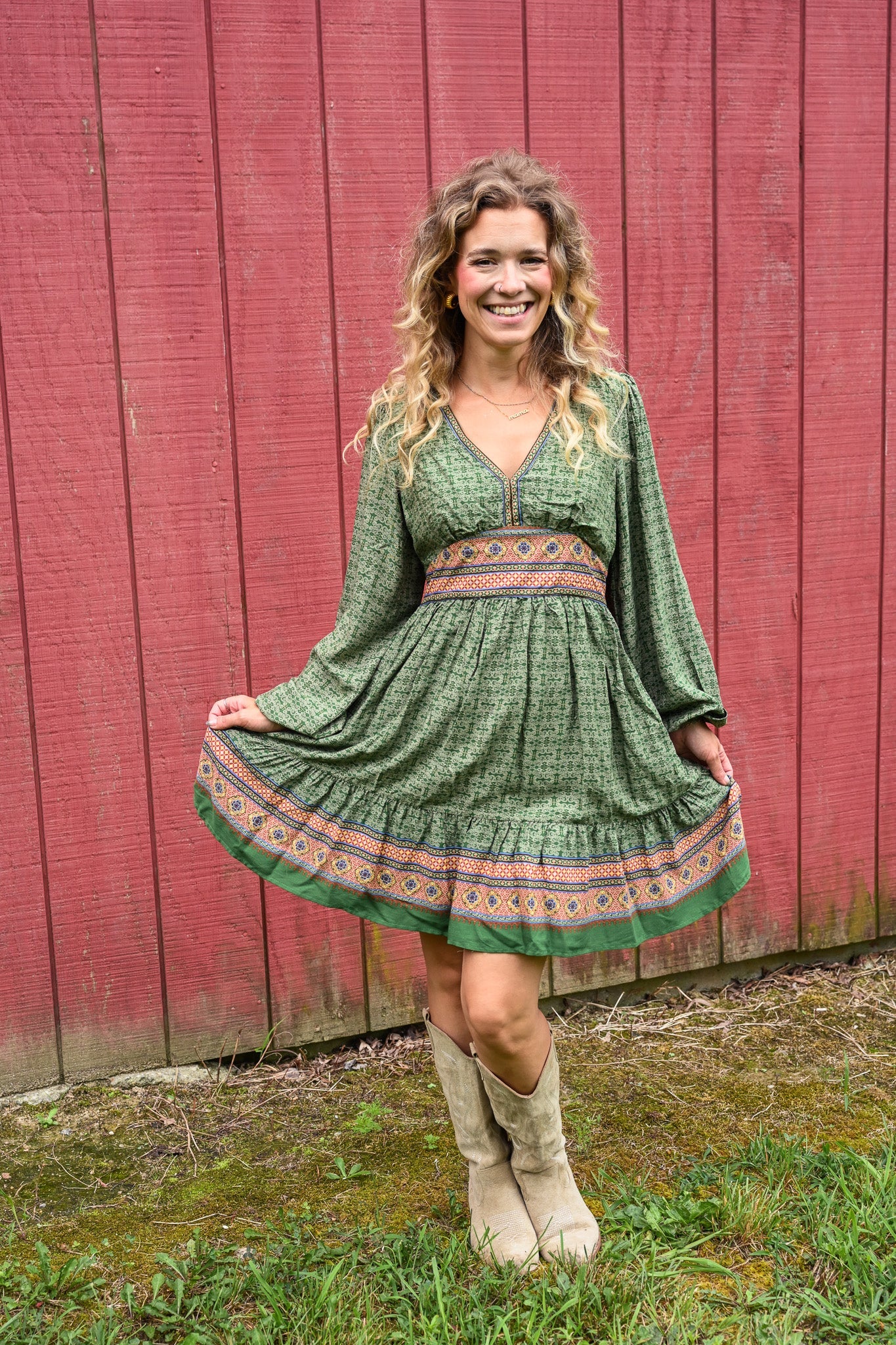 Gaia Green Printed Mini Dress - She Chester
