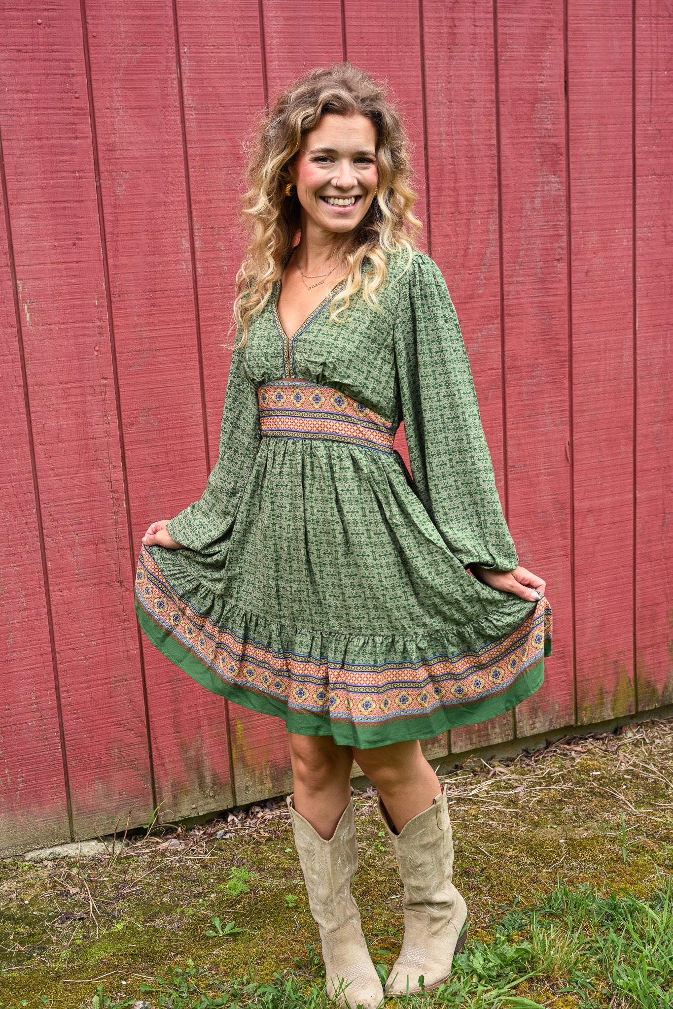 Gaia Green Printed Mini Dress - She Chester