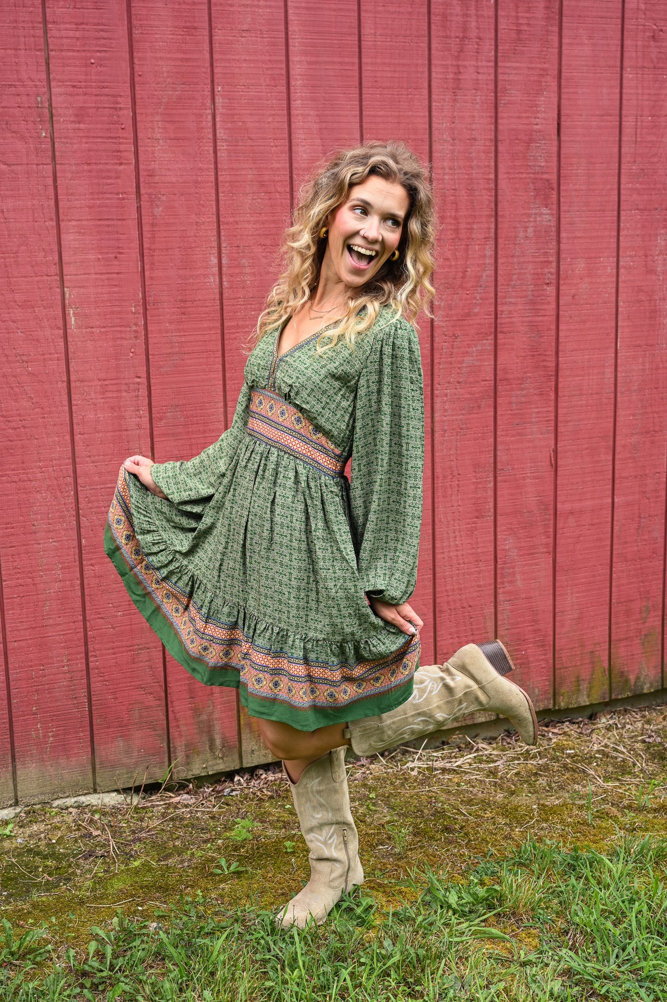Gaia Green Printed Mini Dress - She Chester
