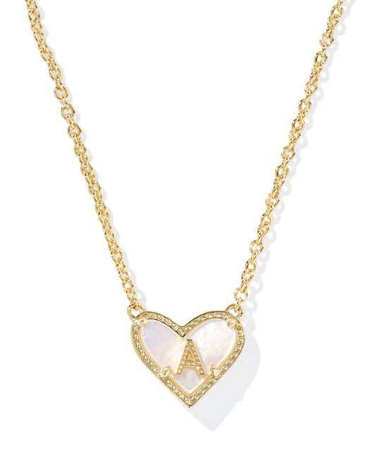 Gold Ivory MOP Heart Letter Pendant Necklace - She Chester