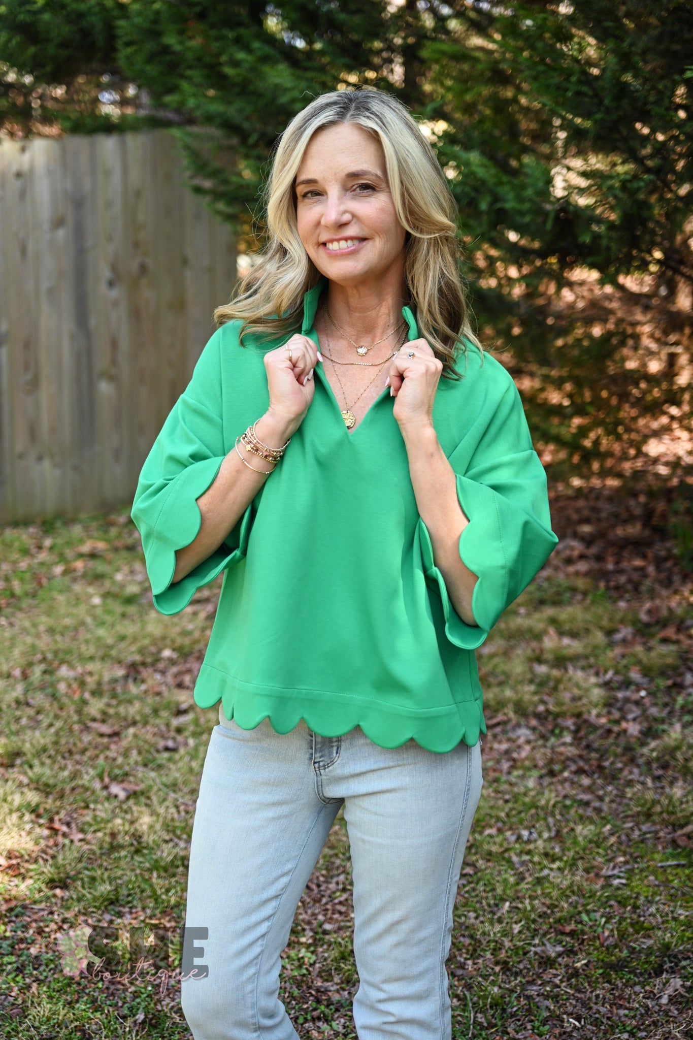 Green Break Through Scalloped Top - She Chester