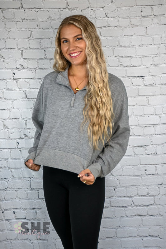 Grey Cropped Quarter Zip Pullover - She Chester