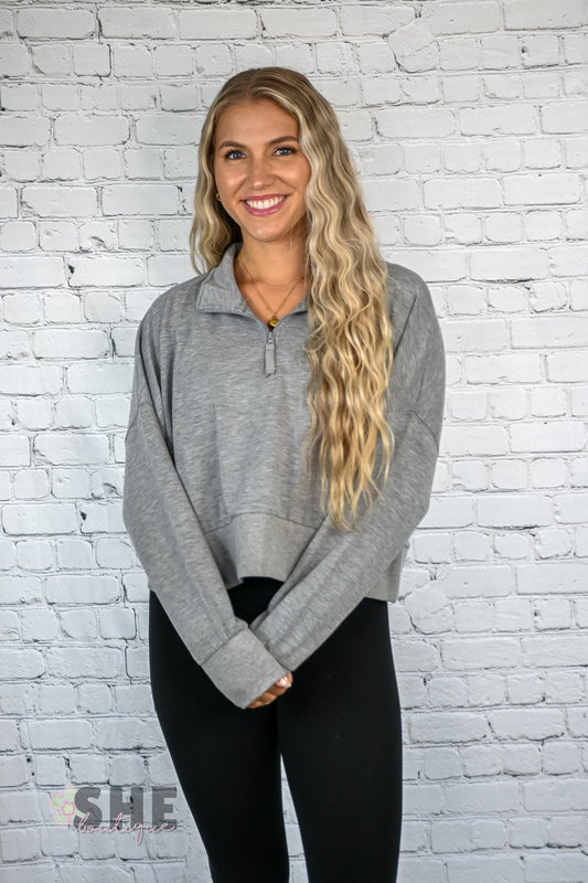 Grey Cropped Quarter Zip Pullover - She Chester