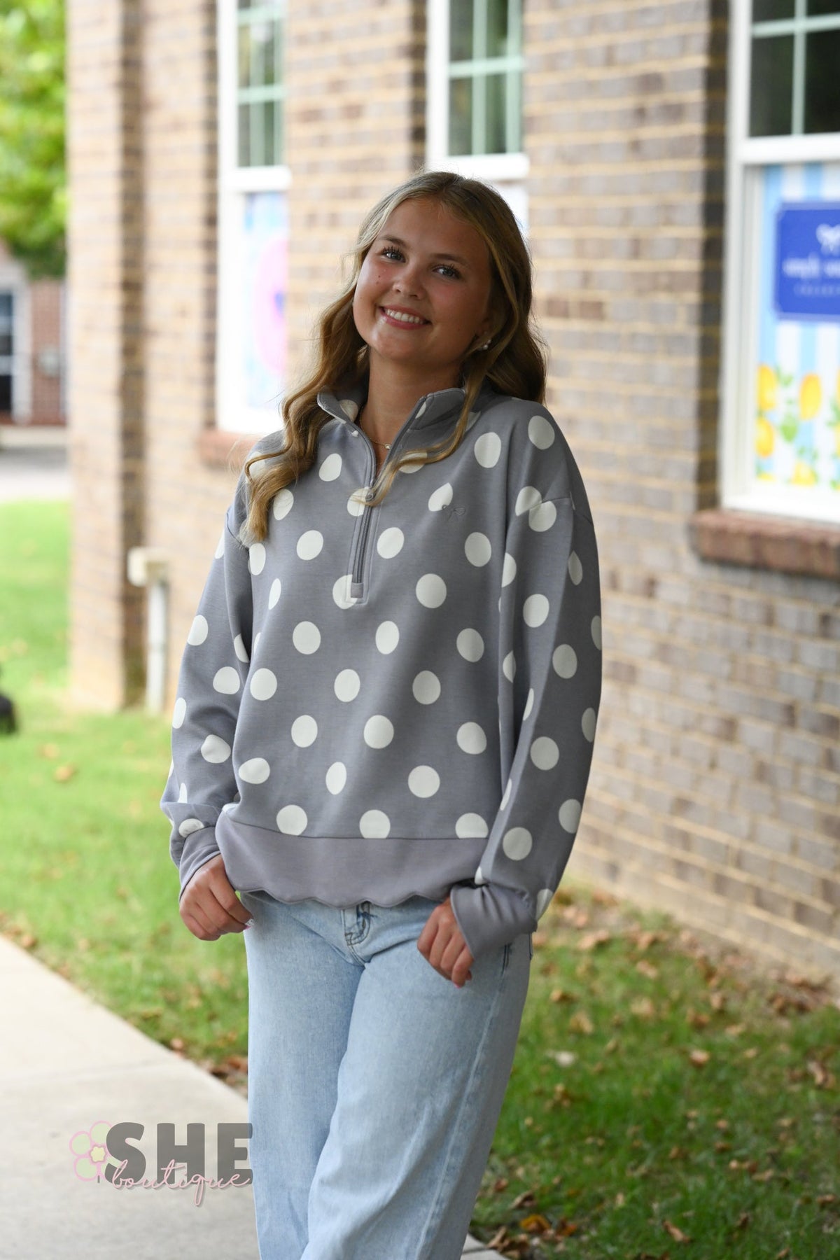 Grey & White Polka Dot Scallop Pull - She Chester