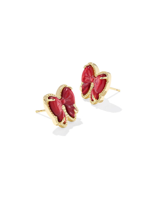HALEY BOW STUD EARRINGS GOLD SCARLET RED MOTHER OF PEARL - She Chester