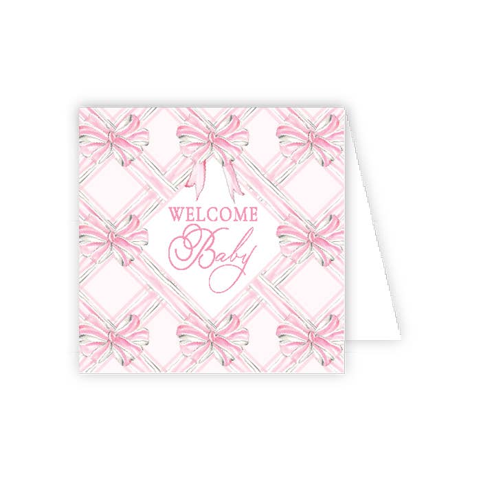Handpainted Welcome Baby Pink Bows Enclosure Card - She Chester