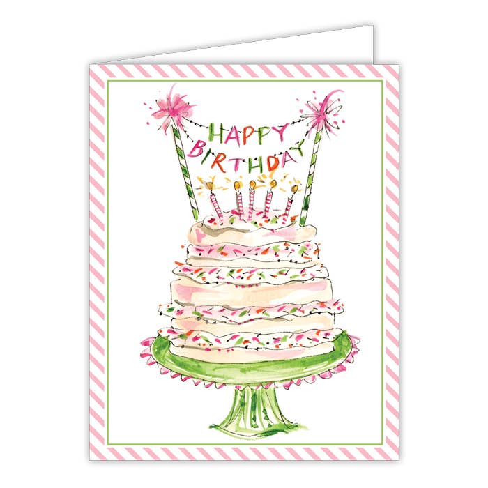 Happy Birthday Banner Pink and Green Cake Greeting Card - She Chester