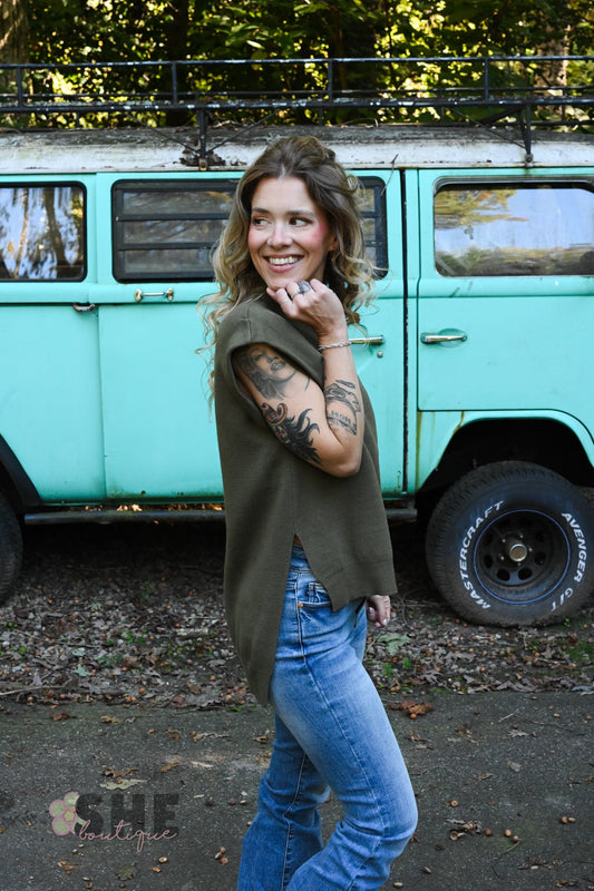 Happy Hour Mock Neck Top - Olive - She Chester