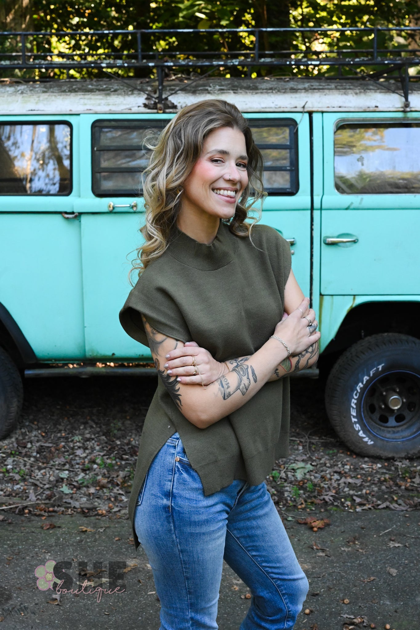 Happy Hour Mock Neck Top - Olive - She Chester