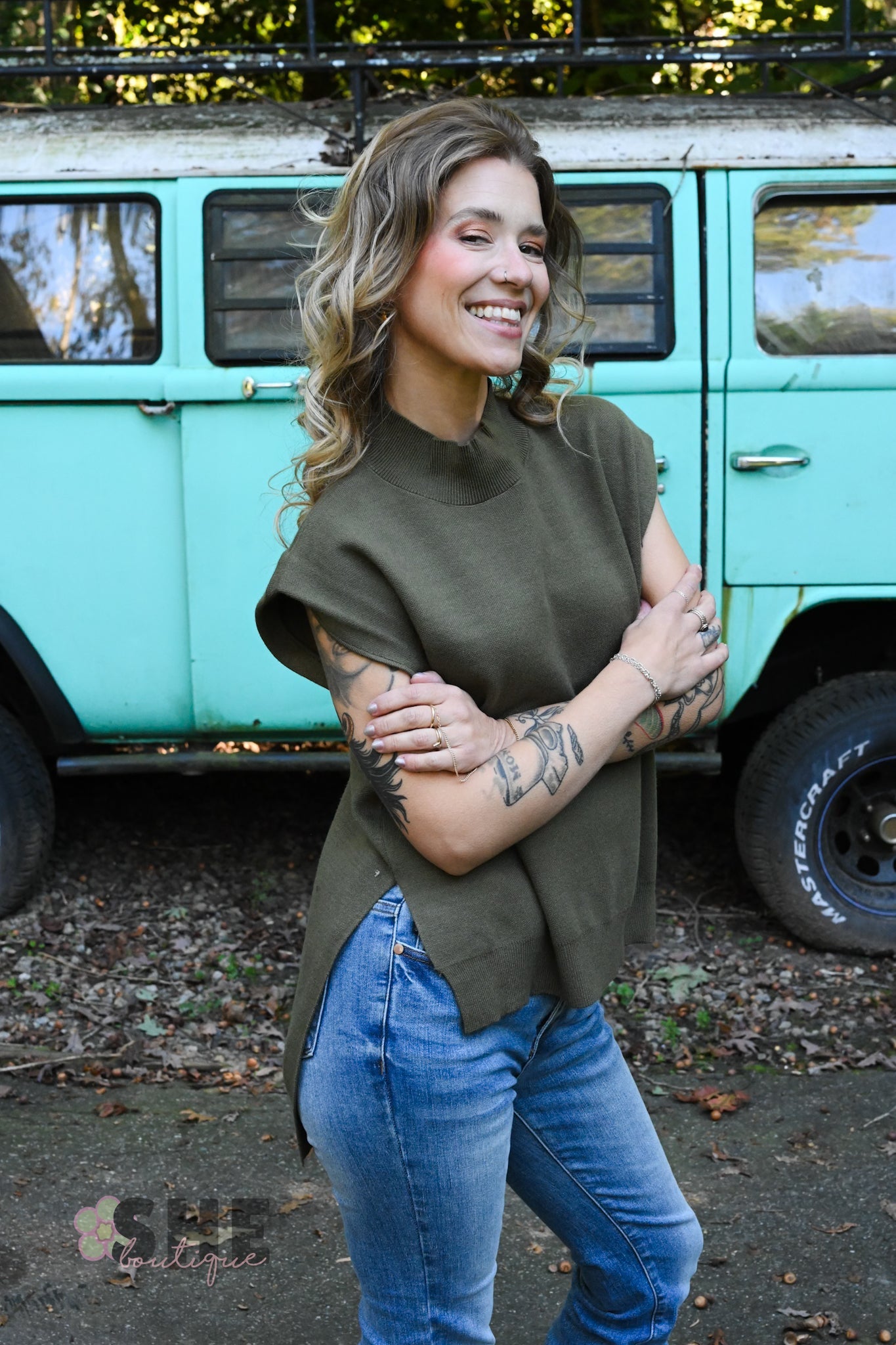 Happy Hour Mock Neck Top - Olive - She Chester