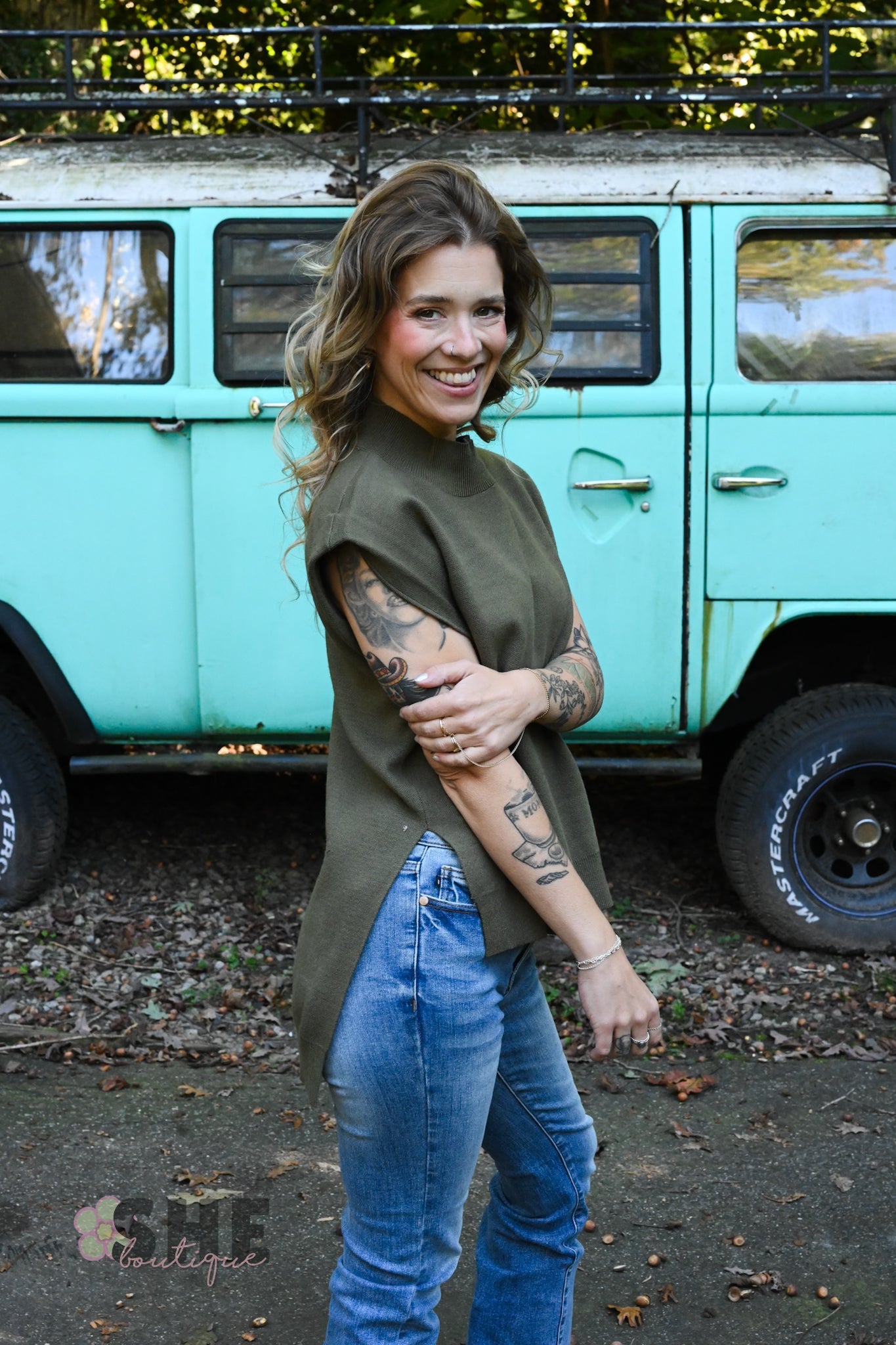Happy Hour Mock Neck Top - Olive - She Chester