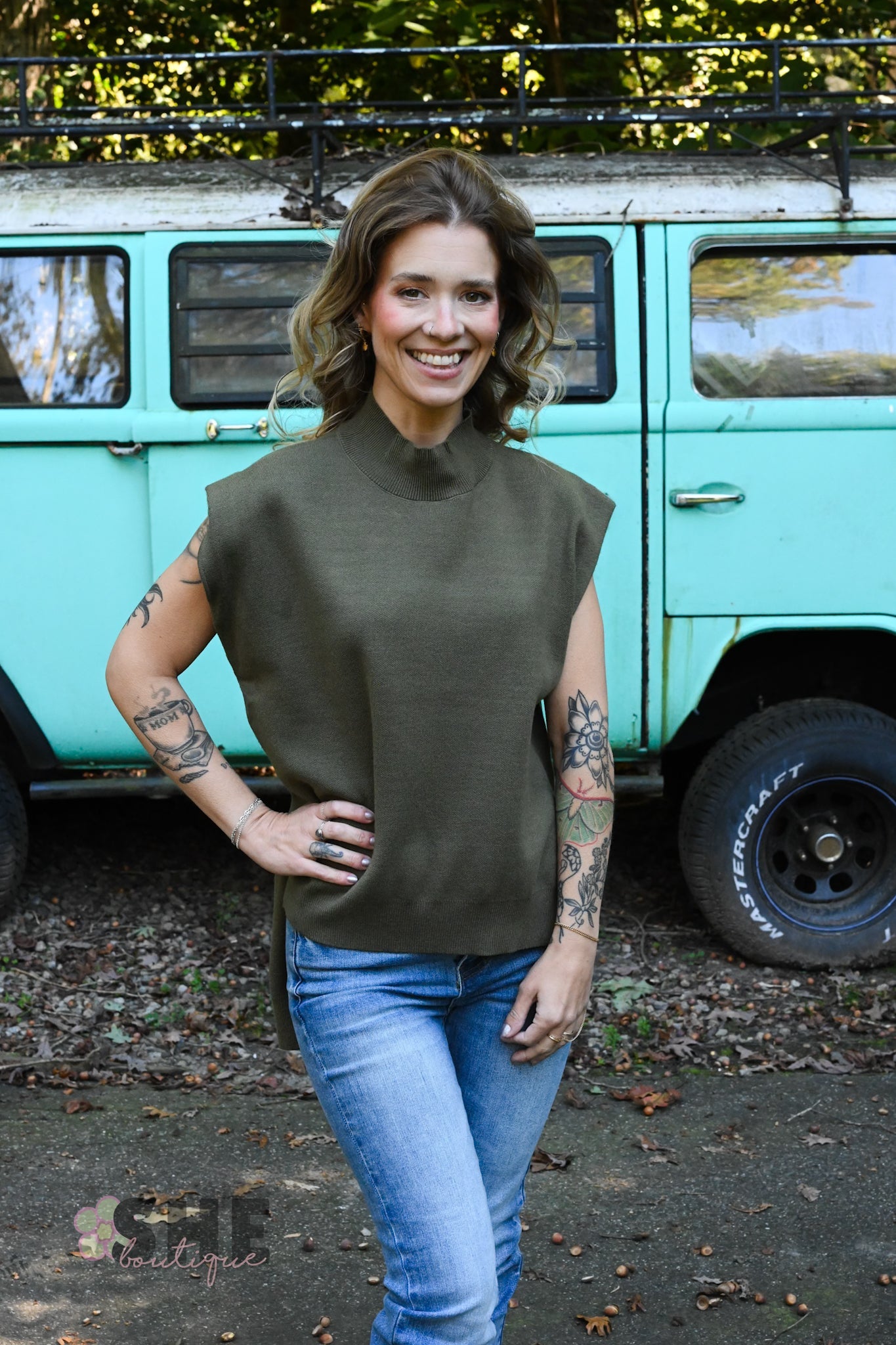 Happy Hour Mock Neck Top - Olive - She Chester