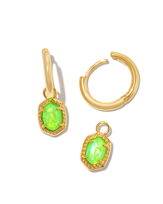 DAPHNE FRAMED HUGGIE EARRINGS IN GOLD BRIGHT GREEN KYOCERA OPAL