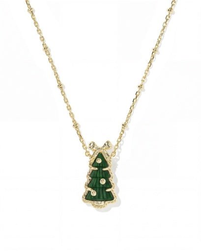 Holiday Bow Tree Short Pendant Necklace - Gold Green Quartzite - She Chester