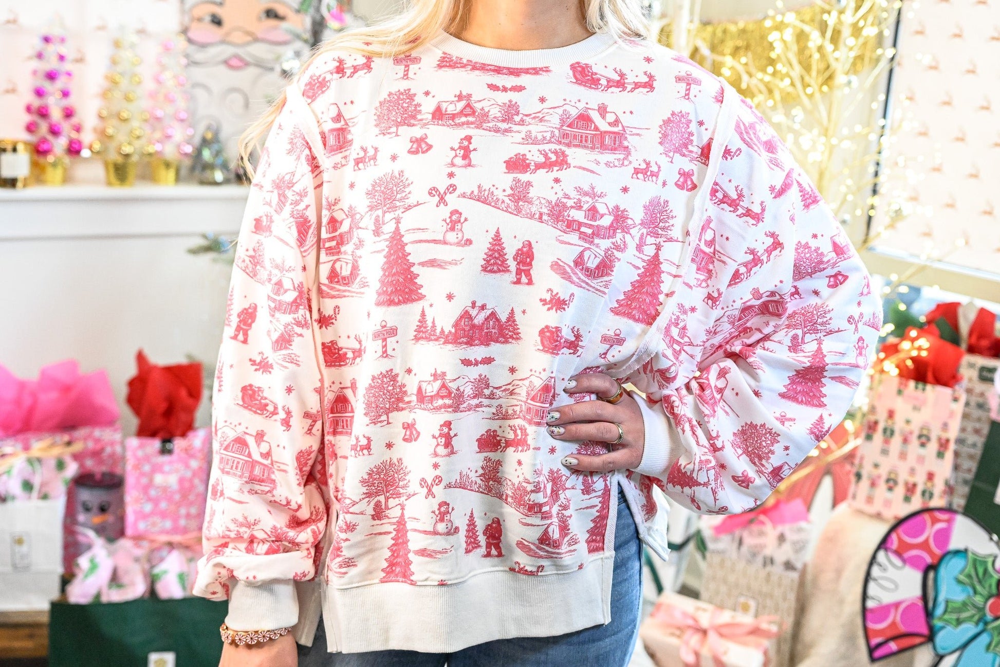 Holiday Toile Printed Oversized Pullover - She Chester