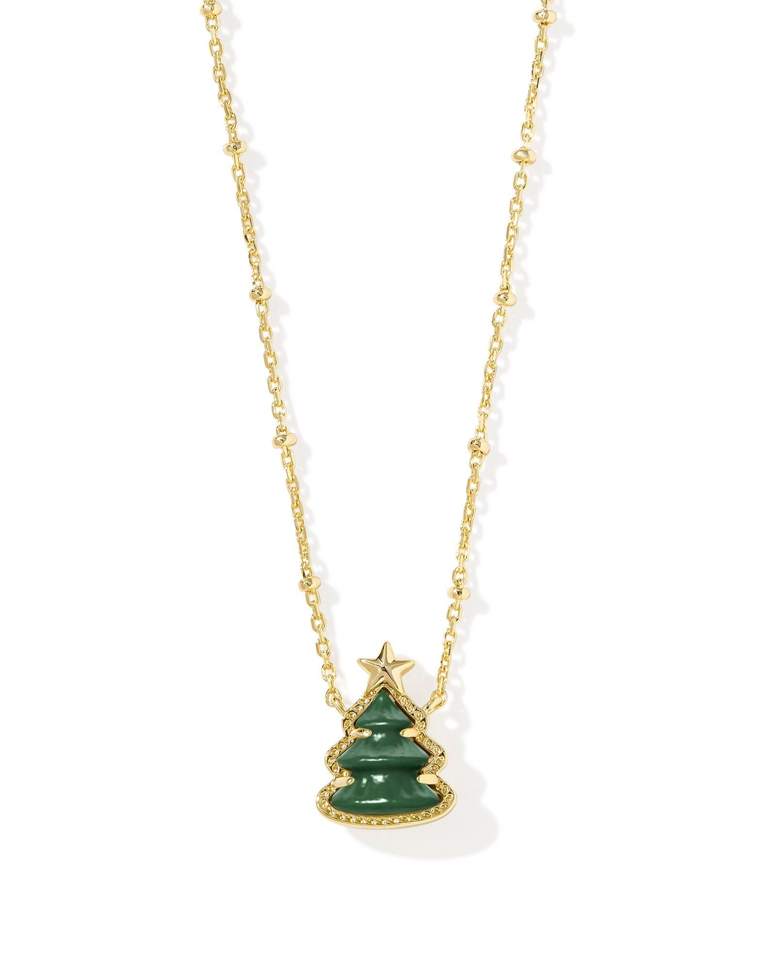HOLIDAY TREE SHORT PENDANT NECKLACE GOLD GREEN QUARTZITE - She Chester