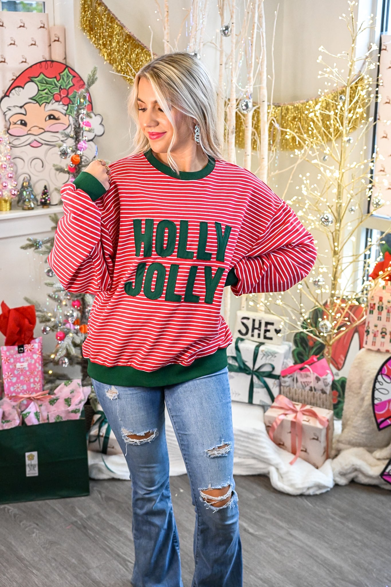 Holly Jolly Christmas Striped Sweater - She Chester