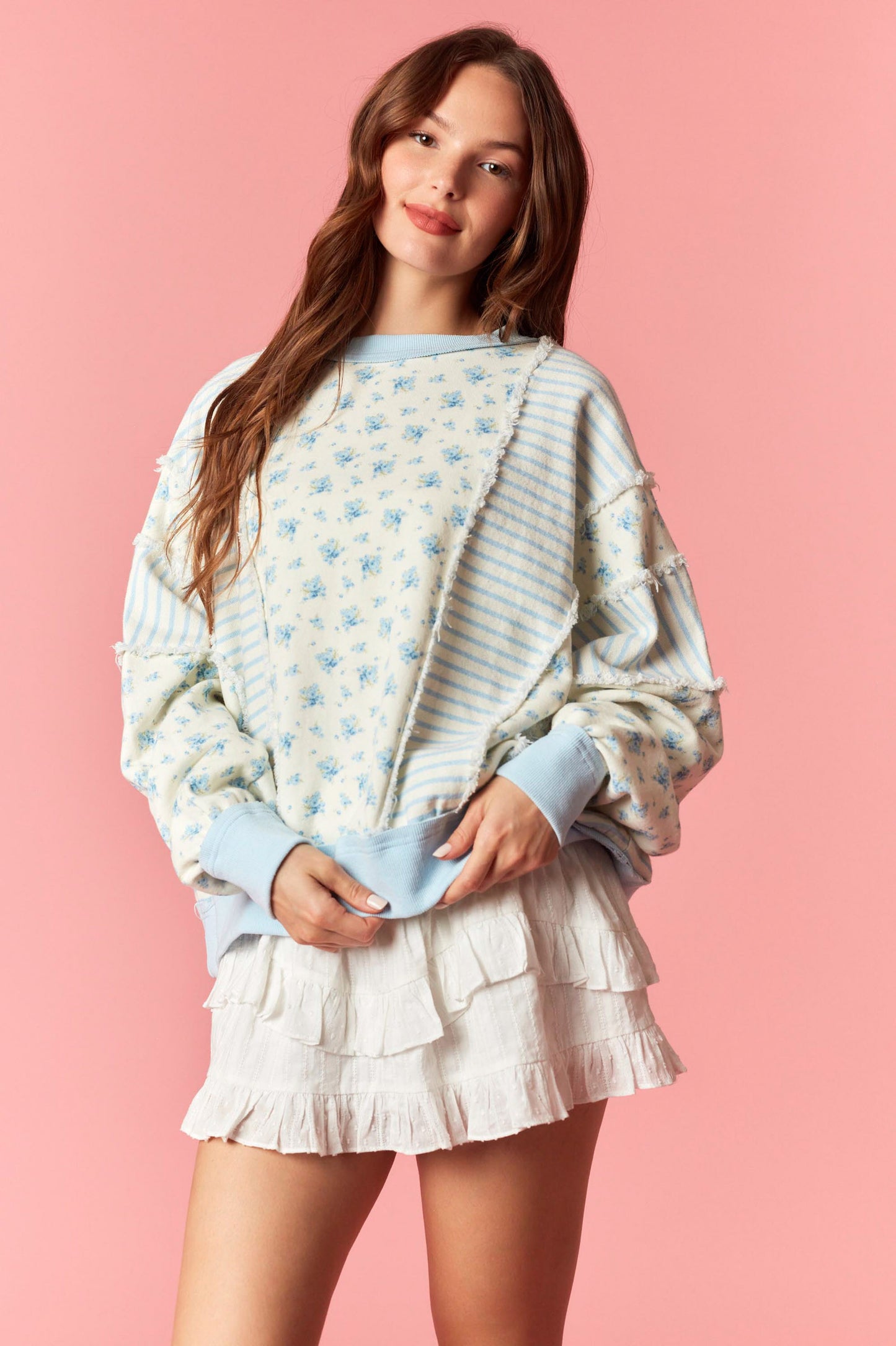 Ditsy Blue Flower Stripe Pullover
