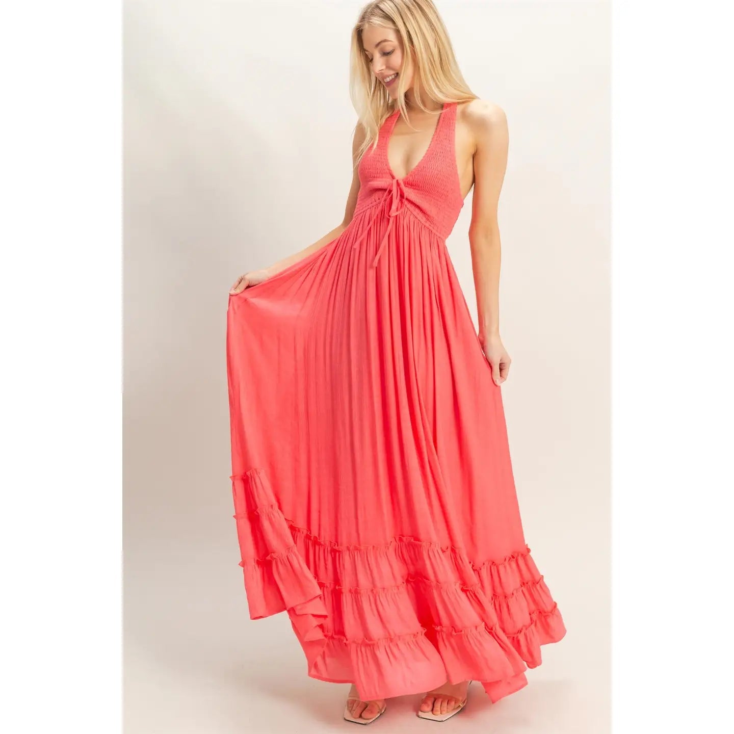 Jive Coral Halter Maxi Dress - She Chester