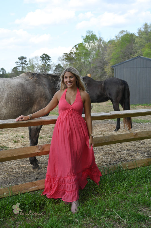 Jive Coral Halter Maxi Dress - She Chester