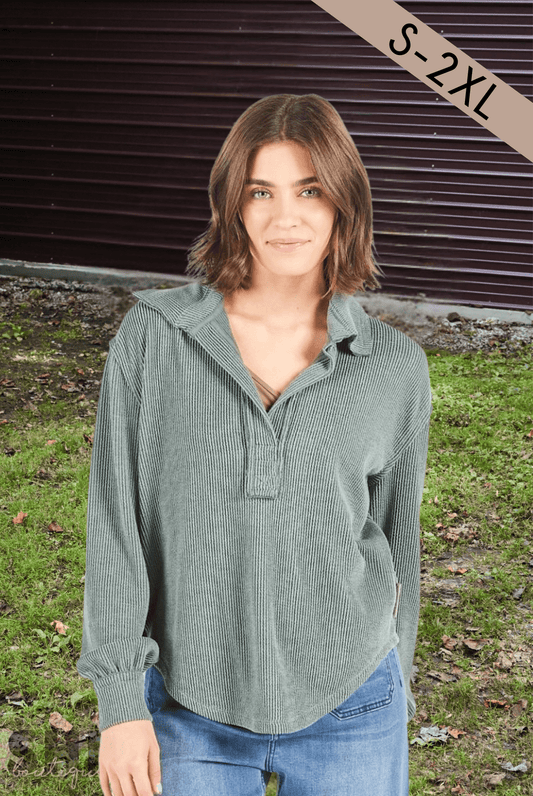 Knit V Neck Waffle Top - Jade - She Chester