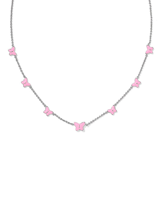 LILLIA BUTTERFLY ENAMEL STRAND NECKLACE SILVER PINK ENAMEL - She Chester