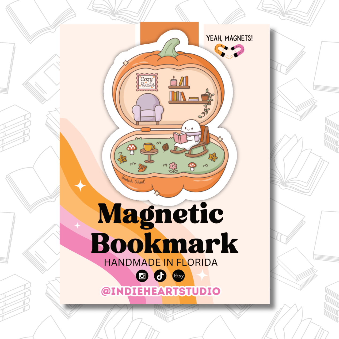Magnetic Bookmark – Cozy Ghost Reader with Pumpkin - She Chester