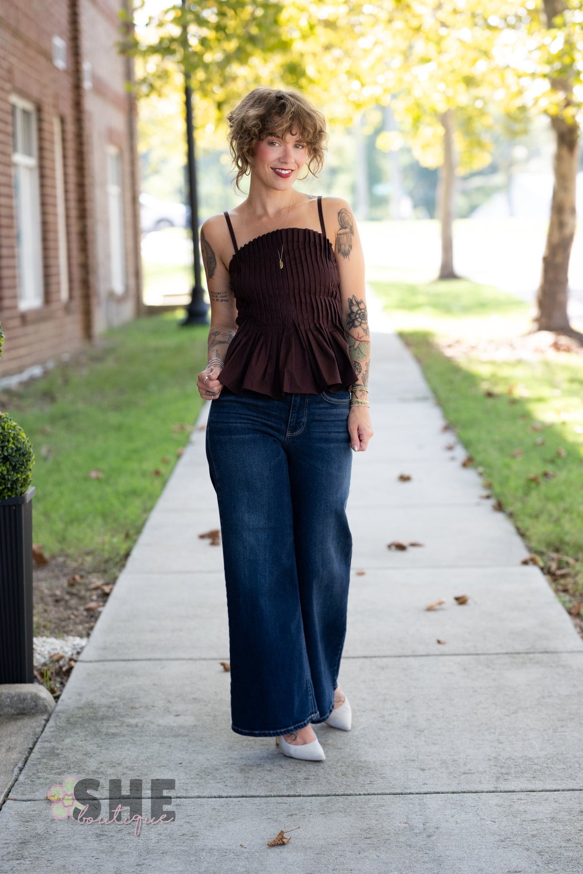 Mansi Brown Pleated Tank - She Chester