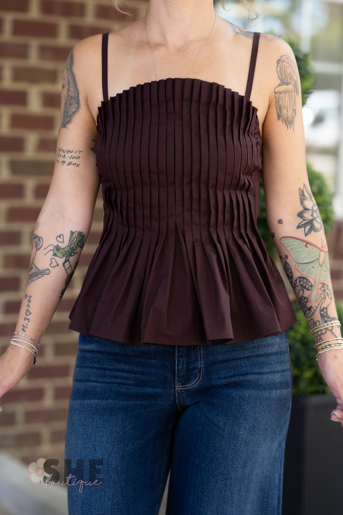 Mansi Brown Pleated Tank - She Chester