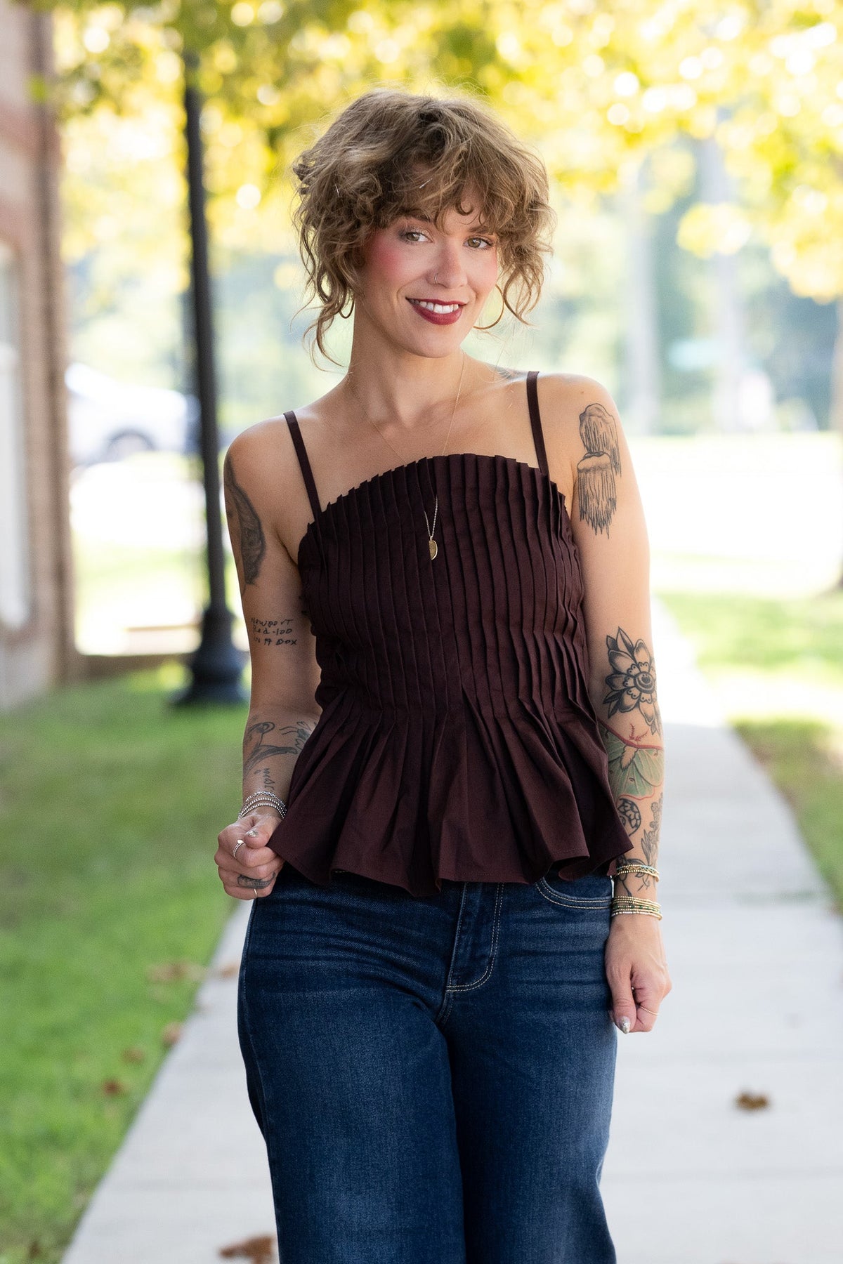 Mansi Brown Pleated Tank - She Chester