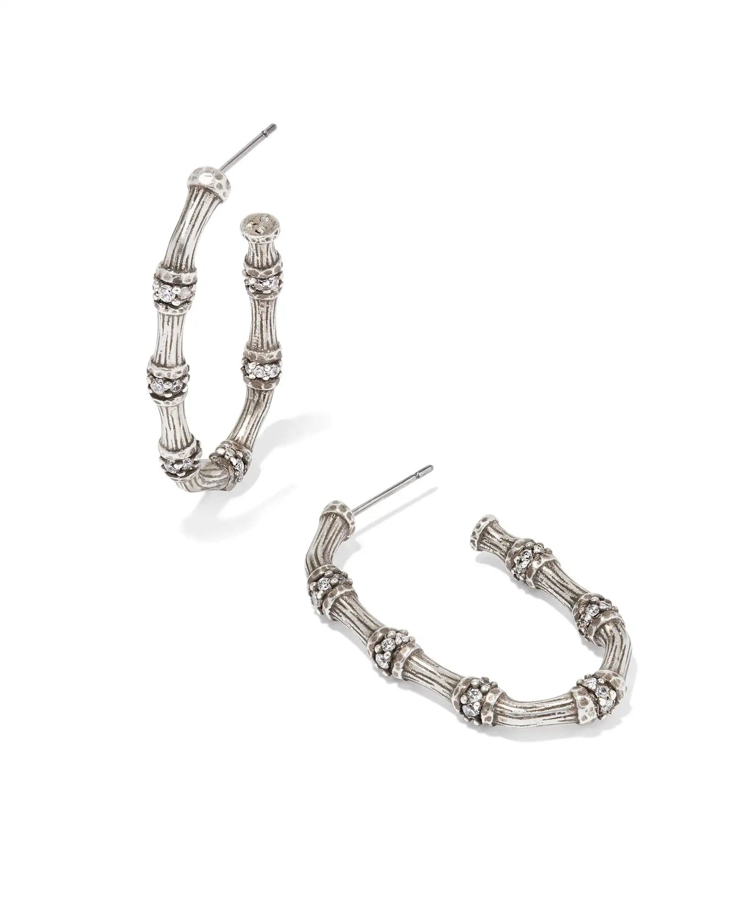 MAURA BAMBOO HOOP EARRINGS VINTAGE SILVER WHITE CRYSTAL - She Chester