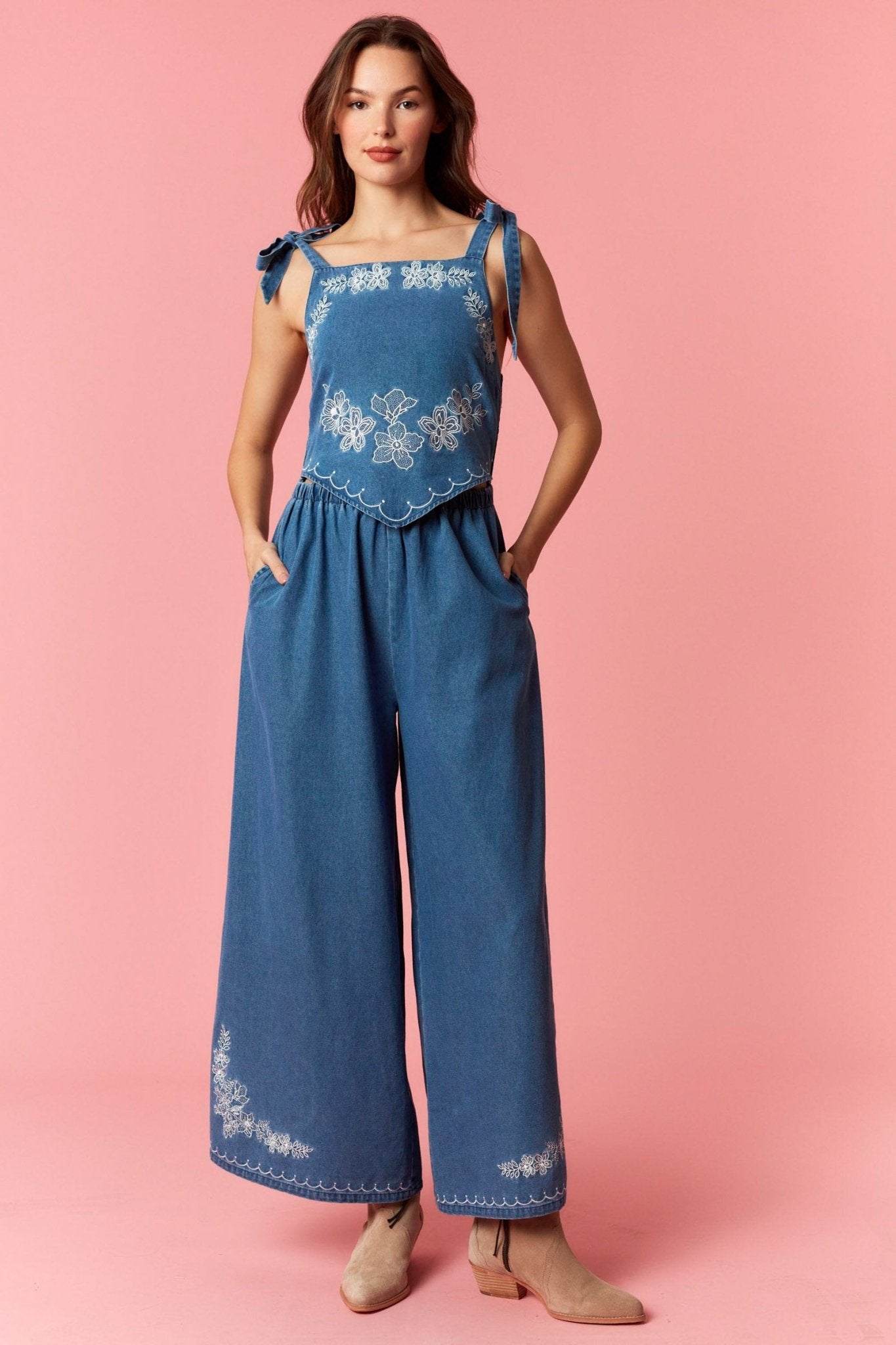 Meadow Embroidered Denim Jumpsuit - She Chester