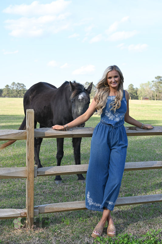 Meadow Embroidered Denim Jumpsuit - She Chester