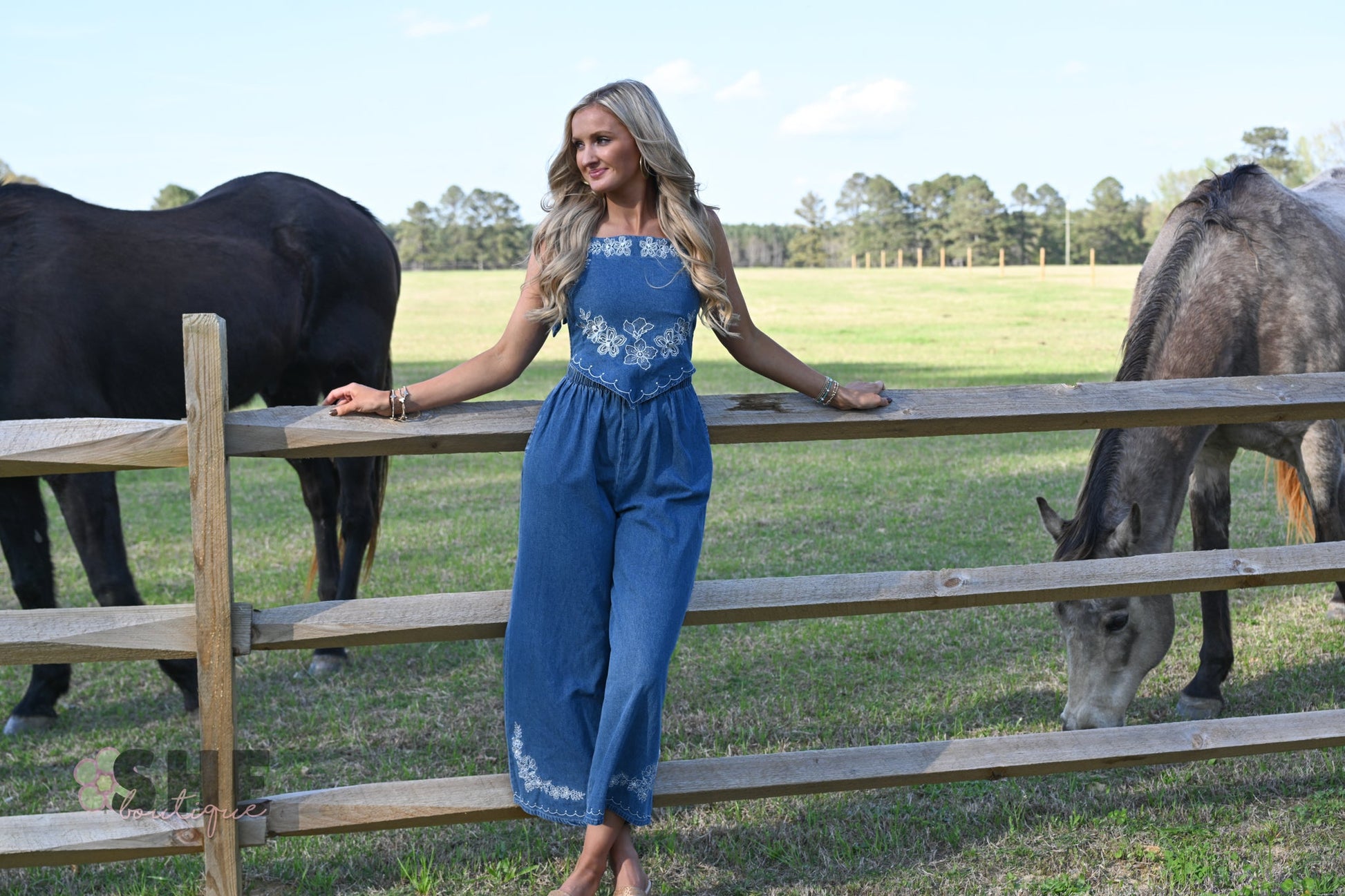 Meadow Embroidered Denim Jumpsuit - She Chester