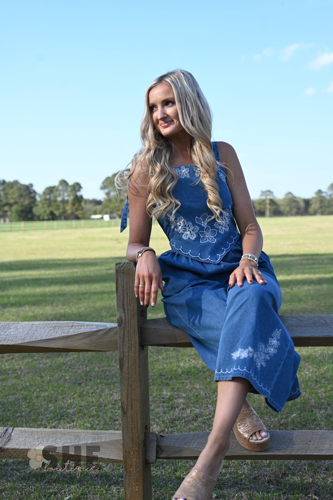 Meadow Embroidered Denim Jumpsuit - She Chester