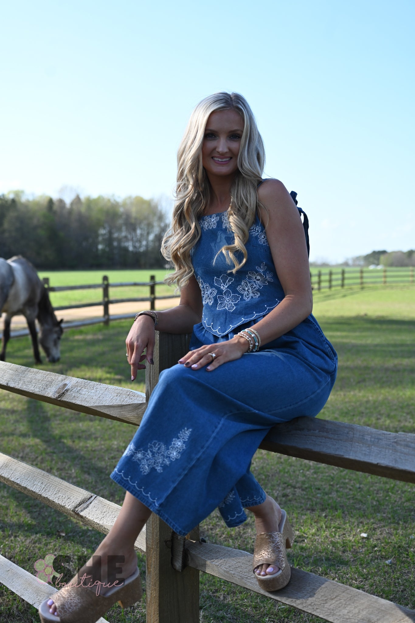 Meadow Embroidered Denim Jumpsuit - She Chester