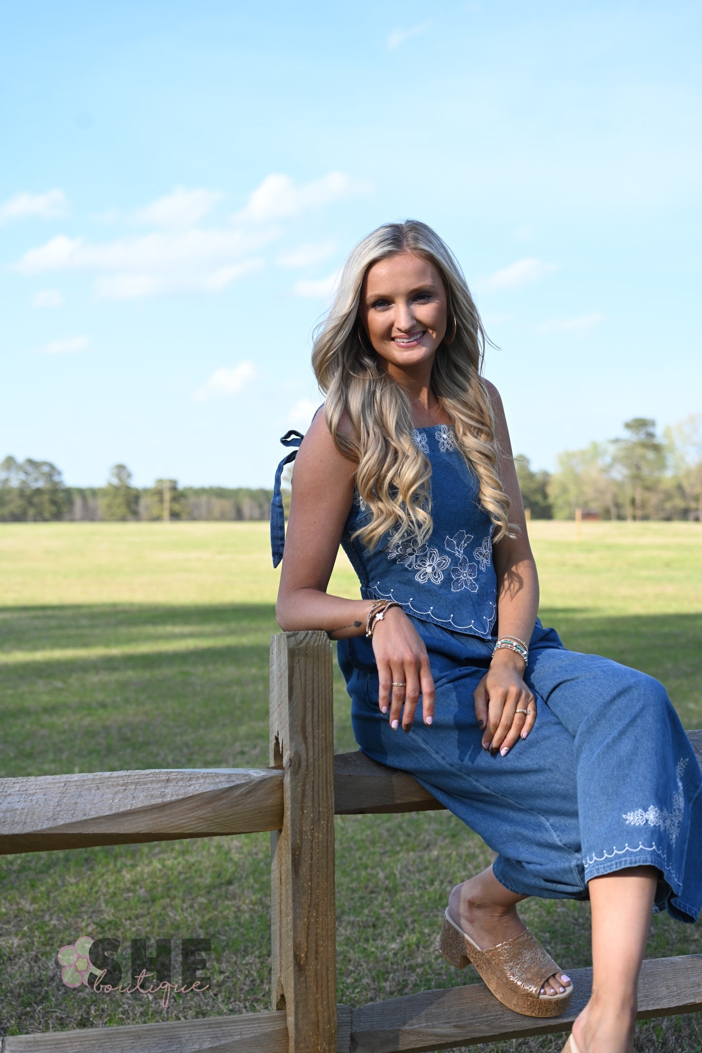 Meadow Embroidered Denim Jumpsuit - She Chester