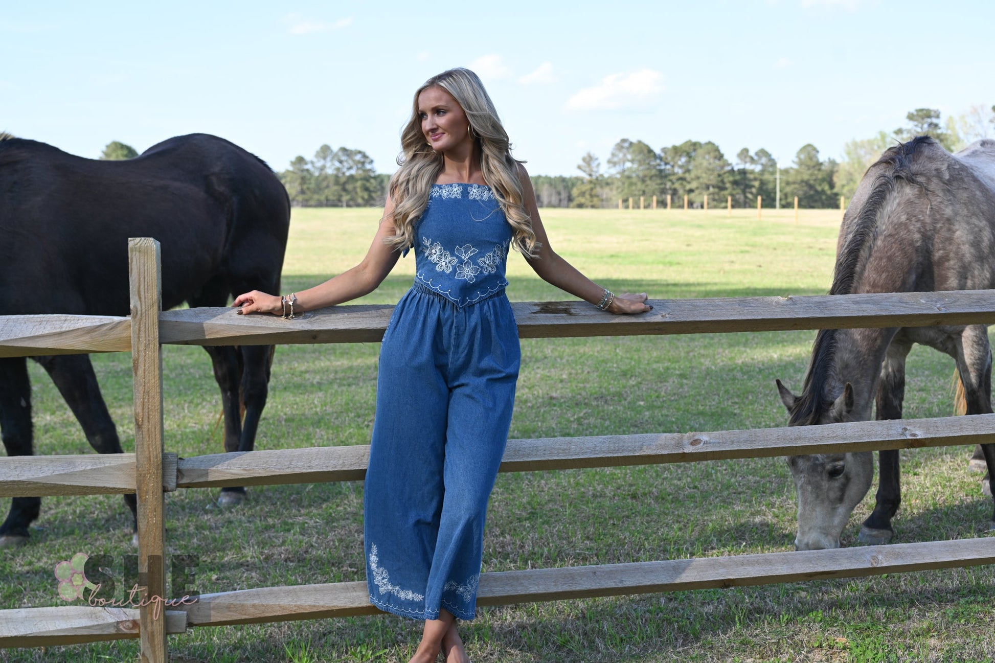 Meadow Embroidered Denim Jumpsuit - She Chester
