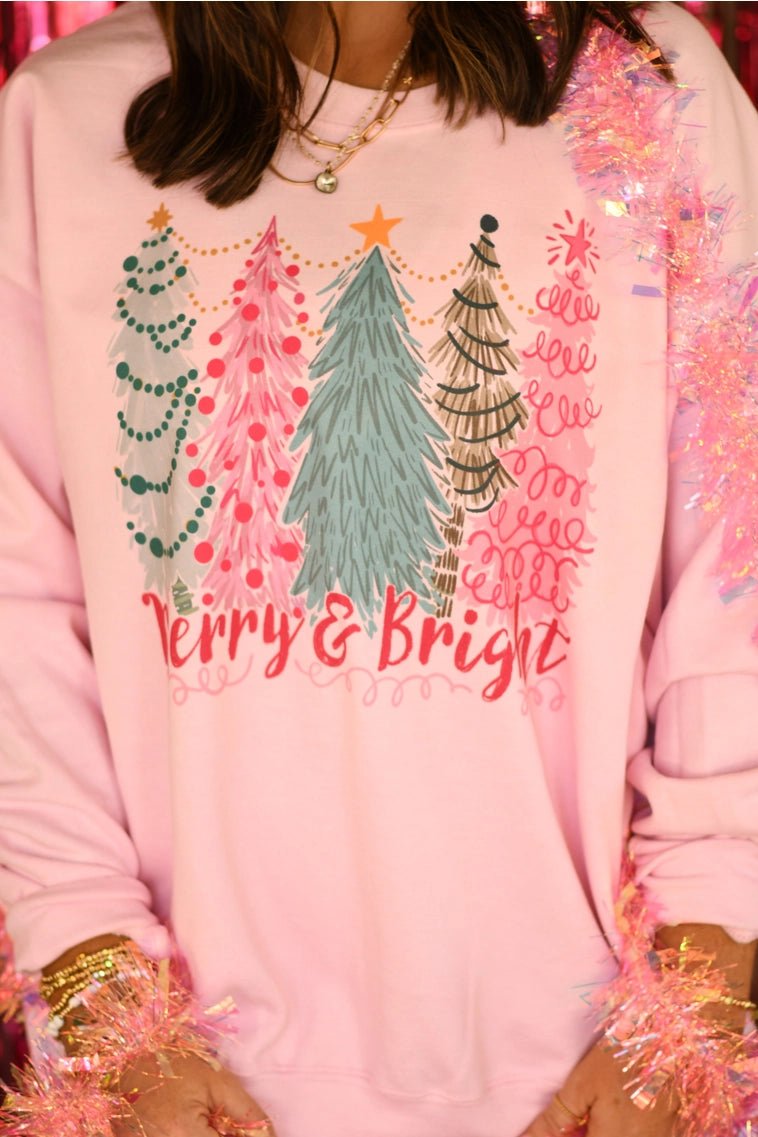 Merry and Bright Christmas Trees Pink Crewneck - She Chester