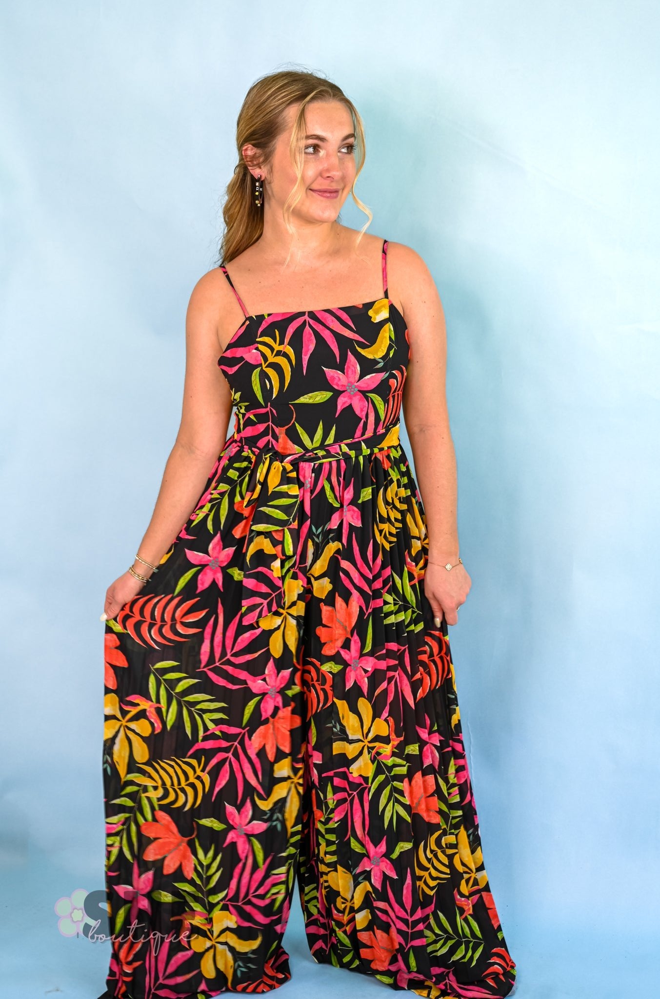 Midnight Tropics Pleated Jumpsuit - She Chester