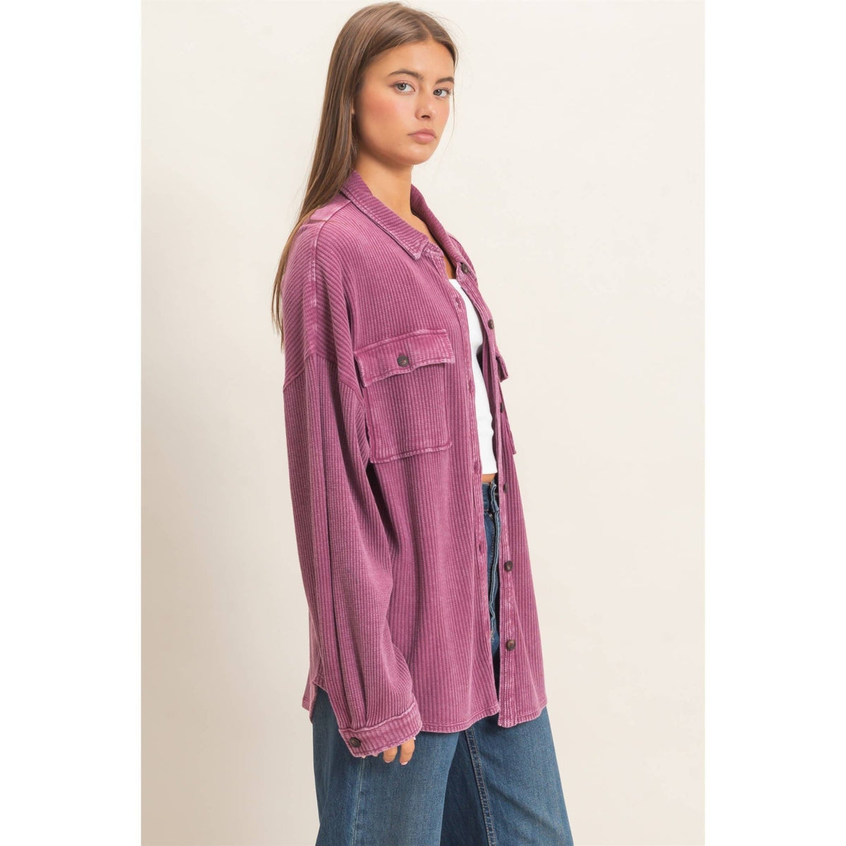 Mineral Wash Waffle Knit Button-Up Shacket: DARK CHERRY - She Chester