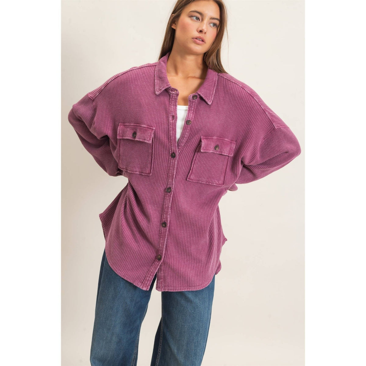 Mineral Wash Waffle Knit Button-Up Shacket: DARK CHERRY - She Chester