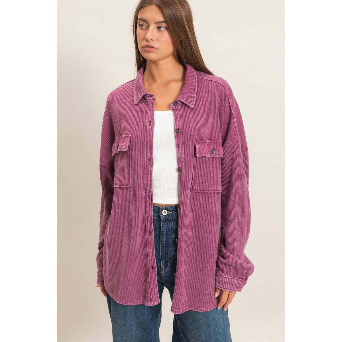 Mineral Wash Waffle Knit Button-Up Shacket: DARK CHERRY - She Chester