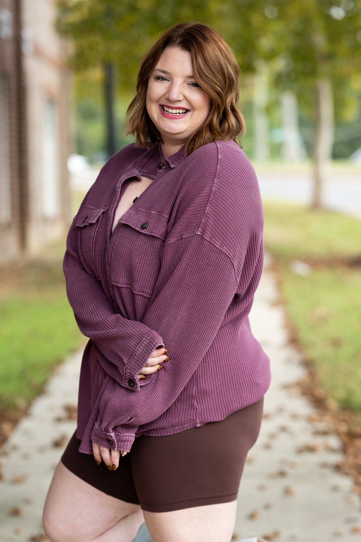 Mineral Wash Waffle Knit Button-Up Shacket: DARK CHERRY - She Chester