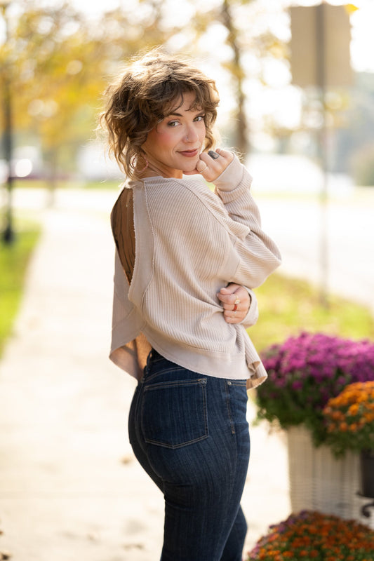 Mineral Wash Waffle Open Back Top - She Chester