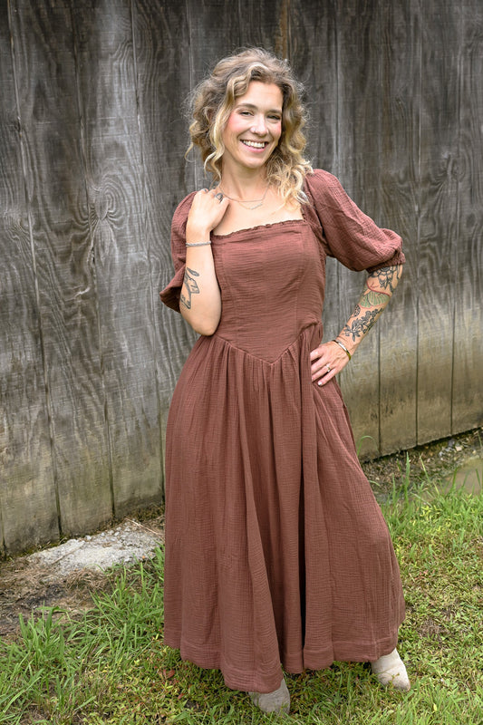 Mocha Cotton Square Neck Maxi Dress - She Chester