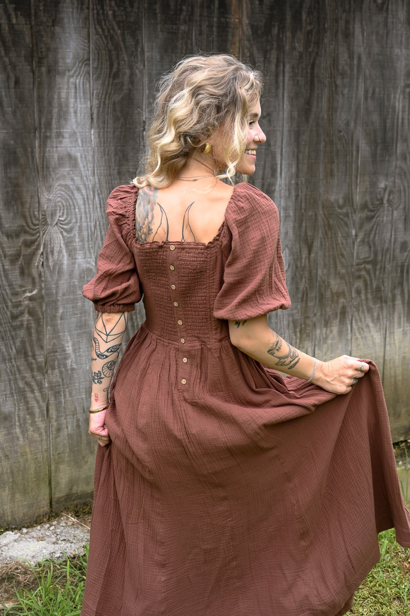 Mocha Cotton Square Neck Maxi Dress - She Chester