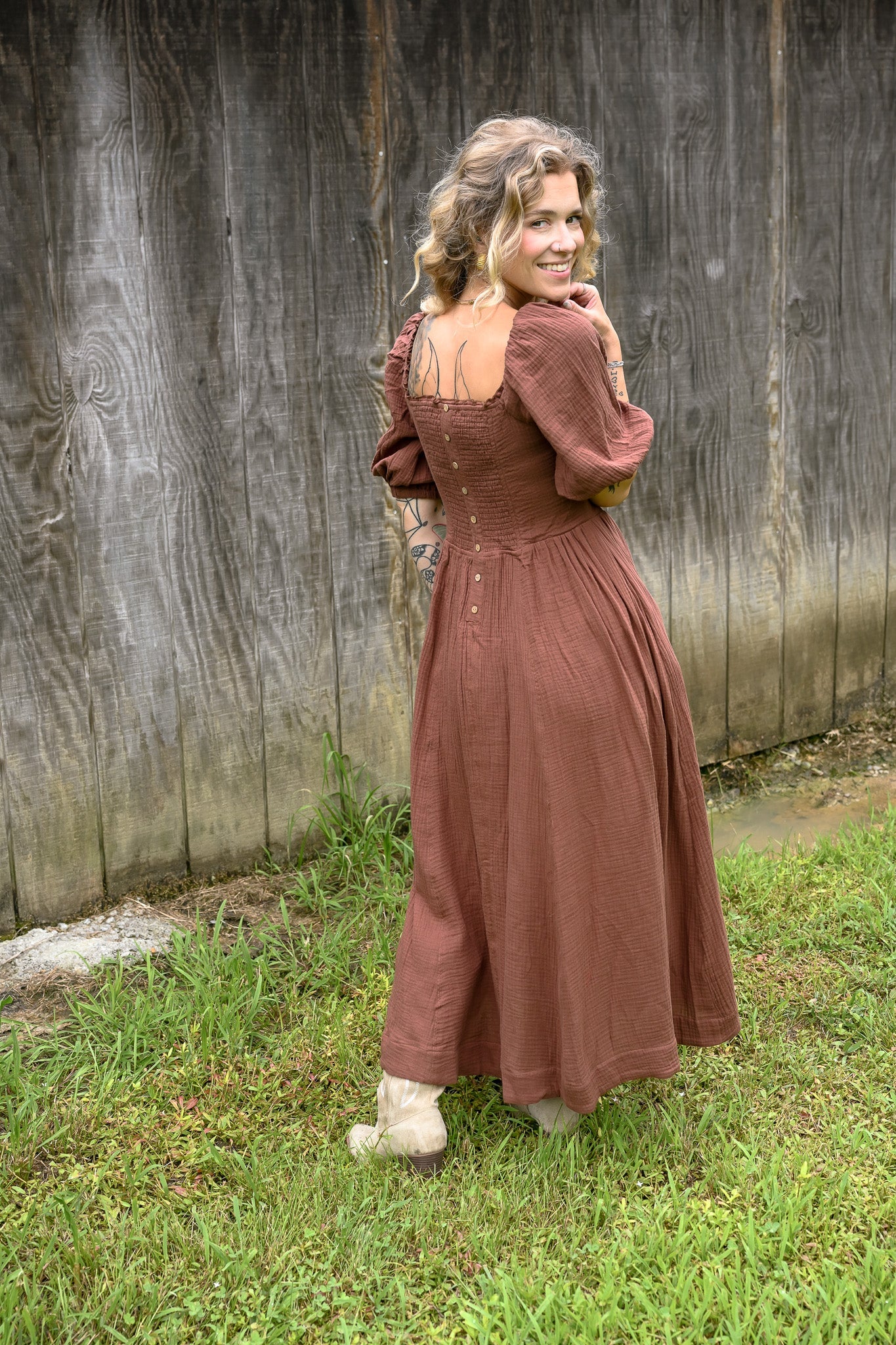 Mocha Cotton Square Neck Maxi Dress - She Chester