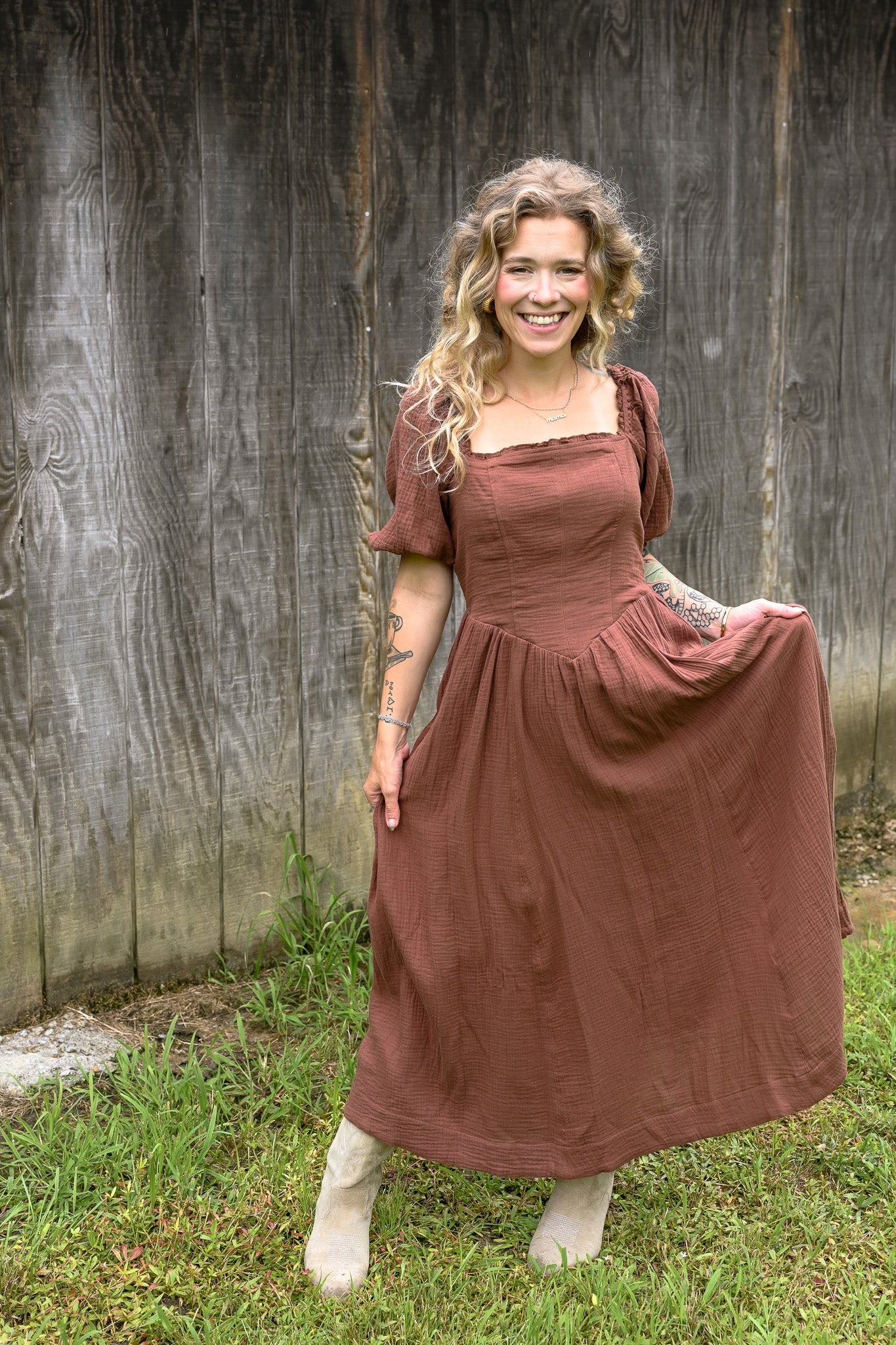 Mocha Cotton Square Neck Maxi Dress - She Chester