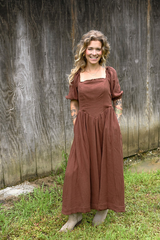 Mocha Cotton Square Neck Maxi Dress - She Chester